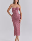 Alexia Metallic Lace Strapless Midi Dress | Amethyst