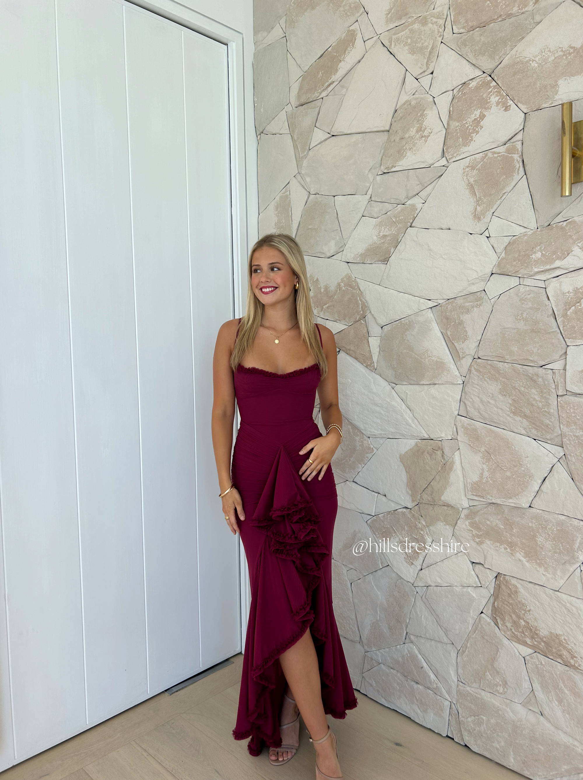 Gabbi, Wine Ruffled Gown